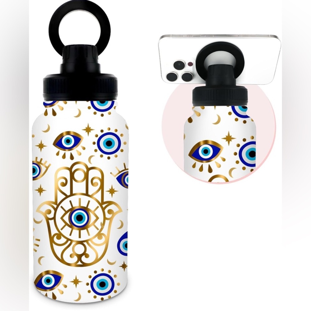 Evil Eye Water Bottle with Phone Holder - Gold and Blue
